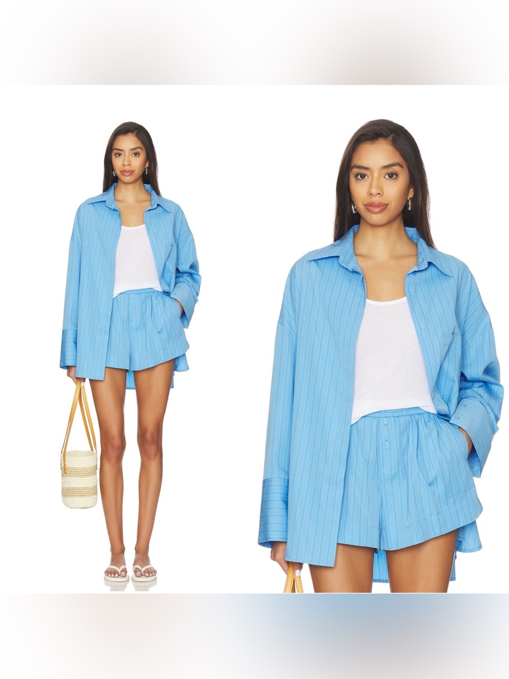 NWT FAITHFULL The Brand Clemente Shirt in Mico Pinstripe Azul